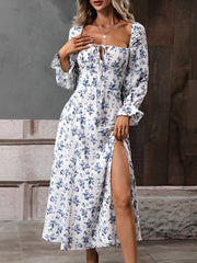 Long Sleeves Lace-Up Floral Slit Midi Dress