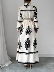 Lantern Long Sleeve Collar Boho Print Maxi Dress