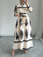Lantern Long Sleeve Collar Boho Print Maxi Dress