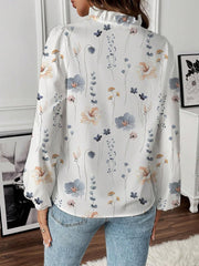 Breathable Chiffon Floral Ruffled V Neck Long Sleeves Work & Brunch Blouse