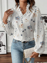 Breathable Chiffon Floral Ruffled V Neck Long Sleeves Work & Brunch Blouse