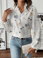 Breathable Chiffon Floral Ruffled V Neck Long Sleeves Work & Brunch Blouse