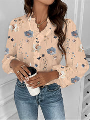 Breathable Chiffon Floral Ruffled V Neck Long Sleeves Work & Brunch Blouse