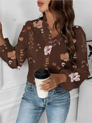 Breathable Chiffon Floral Ruffled V Neck Long Sleeves Work & Brunch Blouse