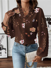 Breathable Chiffon Floral Ruffled V Neck Long Sleeves Work & Brunch Blouse