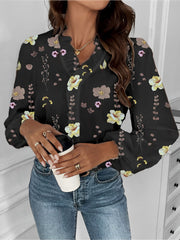 Breathable Chiffon Floral Ruffled V Neck Long Sleeves Work & Brunch Blouse