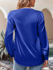 Satin Puff Long Sleeve V Neck Casual Blouse