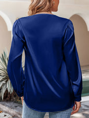 Satin Puff Long Sleeve V Neck Casual Blouse