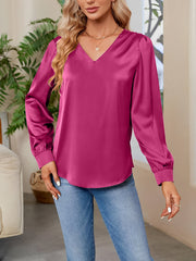 Satin Puff Long Sleeve V Neck Casual Blouse
