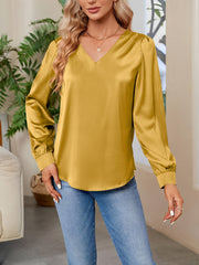 Satin Puff Long Sleeve V Neck Casual Blouse
