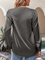 Satin Puff Long Sleeve V Neck Casual Blouse