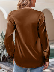 Satin Puff Long Sleeve V Neck Casual Blouse