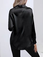 Versatile Collared Satin Solid Color Button Front Lapel Adjustable Cuffs Shirt