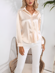 Versatile Collared Satin Solid Color Button Front Lapel Adjustable Cuffs Shirt