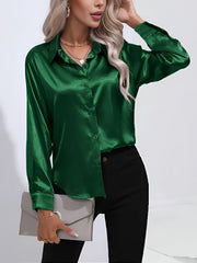 Versatile Collared Satin Solid Color Button Front Lapel Adjustable Cuffs Shirt