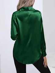 Versatile Collared Satin Solid Color Button Front Lapel Adjustable Cuffs Shirt