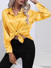 Versatile Collared Satin Solid Color Button Front Lapel Adjustable Cuffs Shirt