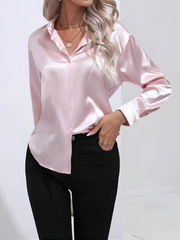 Versatile Collared Satin Solid Color Button Front Lapel Adjustable Cuffs Shirt