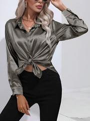 Versatile Collared Satin Solid Color Button Front Lapel Adjustable Cuffs Shirt