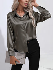 Versatile Collared Satin Solid Color Button Front Lapel Adjustable Cuffs Shirt