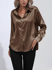 Versatile Collared Satin Solid Color Button Front Lapel Adjustable Cuffs Shirt