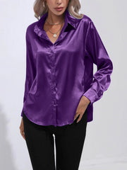 Versatile Collared Satin Solid Color Button Front Lapel Adjustable Cuffs Shirt