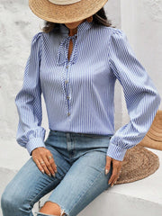 Striped Lace-Up Puff Long Sleeves Casual Blouse