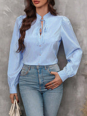 Striped Lace-Up Puff Long Sleeves Casual Blouse