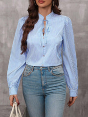 Striped Lace-Up Puff Long Sleeves Casual Blouse