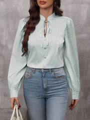 Striped Lace-Up Puff Long Sleeves Casual Blouse