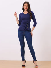 V Neck 3/4 Sleeves Solid Knitted Button Decor Ruched Blouse