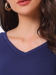 V Neck 3/4 Sleeves Solid Knitted Button Decor Ruched Blouse