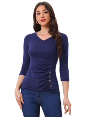 V Neck 3/4 Sleeves Solid Knitted Button Decor Ruched Blouse