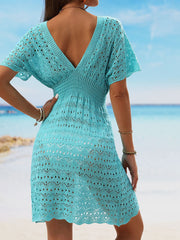 V Neck Eyelet Sheer Knitted Beach Dress Cover Ups