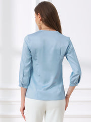 Casual Office Blouse 3/4 Sleeve V Neck Satin Shirt