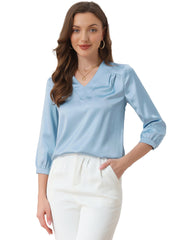 Casual Office Blouse 3/4 Sleeve V Neck Satin Shirt