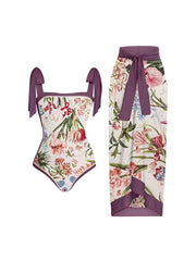 2 Pieces Printed Lace- Up Swimsuit & Wrap Maxi Skirt Cover Ups Set
