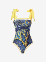 2 Pieces Printed Lace- Up Swimsuit & Wrap Maxi Skirt Cover Ups Set