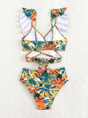 Ruffled Lace-Up Floral Bikini Swimsuits
