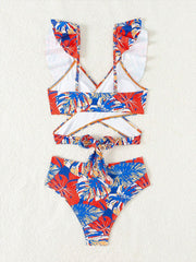 Ruffled Lace-Up Floral Bikini Swimsuits