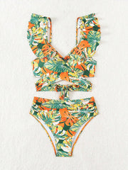Ruffled Lace-Up Floral Bikini Swimsuits
