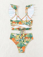 Ruffled Lace-Up Floral Bikini Swimsuits