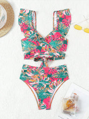 Ruffled Lace-Up Floral Bikini Swimsuits