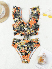 Ruffled Lace-Up Floral Bikini Swimsuits