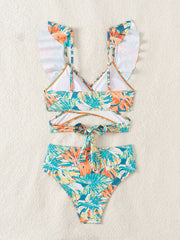 Ruffled Lace-Up Floral Bikini Swimsuits
