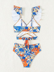 Ruffled Lace-Up Floral Bikini Swimsuits