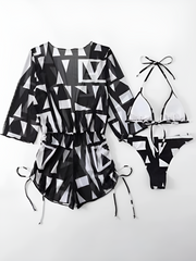 3 Pieces Halter Lace-Up Bikinis & Printed Beach Cover Ups Set