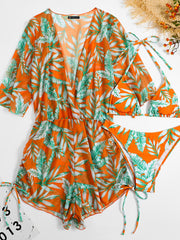 3 Pieces Halter Lace-Up Bikinis & Printed Beach Cover Ups Set