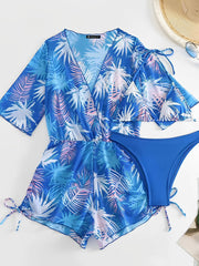 3 Pieces Halter Lace-Up Bikinis & Printed Beach Cover Ups Set