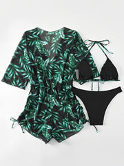 3 Pieces Halter Lace-Up Bikinis & Printed Beach Cover Ups Set